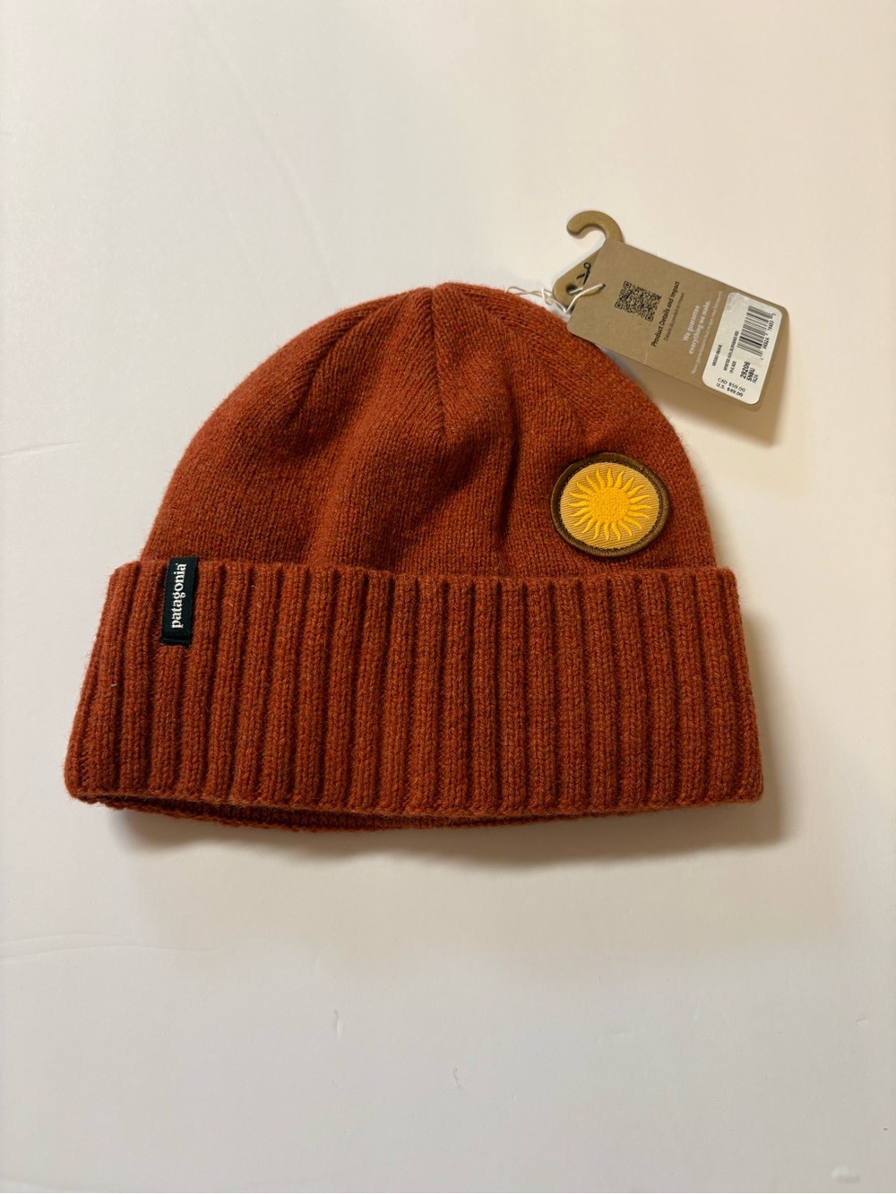 Patagonia Rust Orange wool blend roll Beanie with Sun Patch OSFM